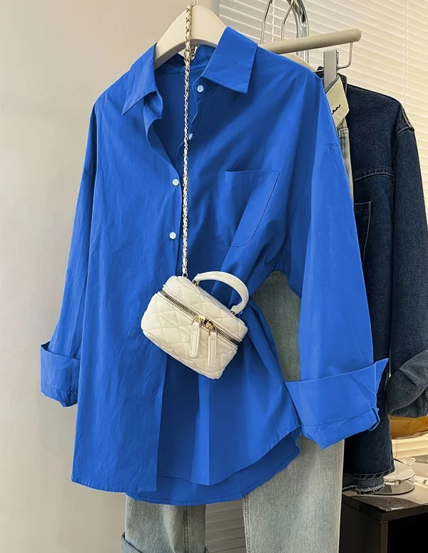 Solid Color Long Sleeve Women's Shirt with Pocket Loose Button Up Casual Blouse Woman 2026 New Spring Summer All-Match Shirt Top