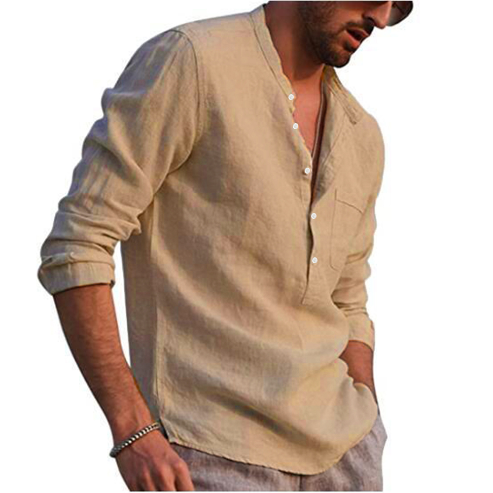 Cotton Linen Hot Sale Men's Long-Sleeved Shirts Summer Solid Color Stand-Up Collar Casual Beach Style Plus Size - Image 29
