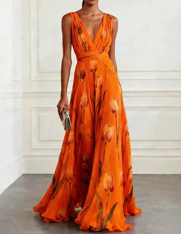 2026 New Elegant High Waist Pleats Robe Dress Summer Flower Print V-neck Holiday Dress Sexy Sleeveless Chiffon Women Party Dress