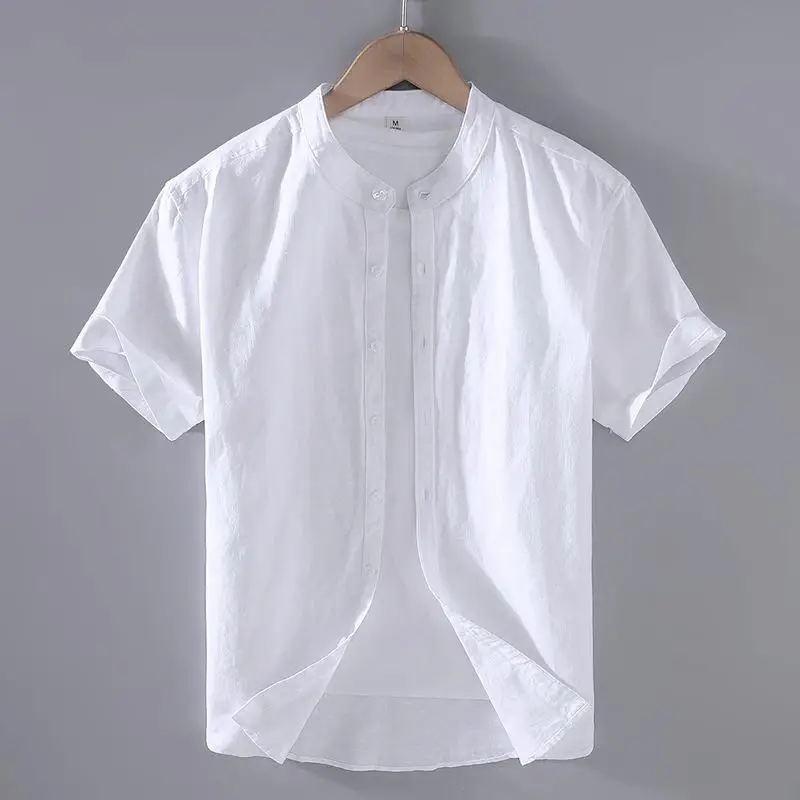 Men's Cotton Linen Short-Sleeved Shirt Summer Streetwear Plain Color Stand Collar Casual Beach Style plus Size M-3XL - Image 17