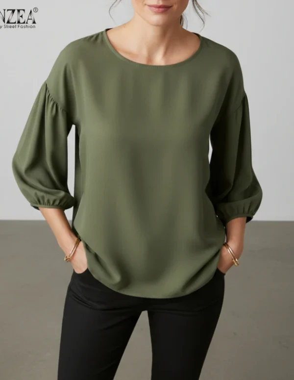 ZANZEA Plus Size 5XL Casual Blouses Woman Lantern Sleeves Round Neck High-Low Tops Spring Minimalist Solid Color Blusas de Mujer