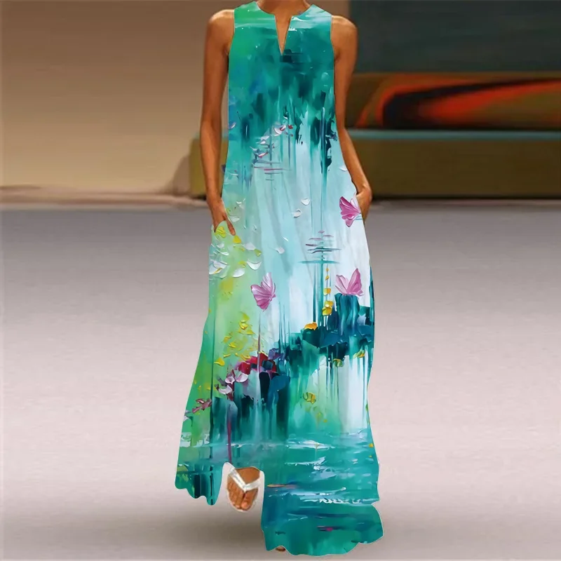 Vintage Maxi Dress Women Summer Loose Sleeveless Long Dresses Elegant Lady V Neck Pocket Boho Beach Sundress Vestidos Plus Size - Image 10
