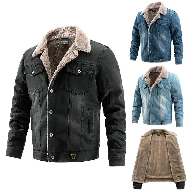 Denim Autumn Winter Pocket Single-Breasted Solid Color Velvet Thickened Lapel Washed Cotton Fashion Men's Jacket - Image 5
