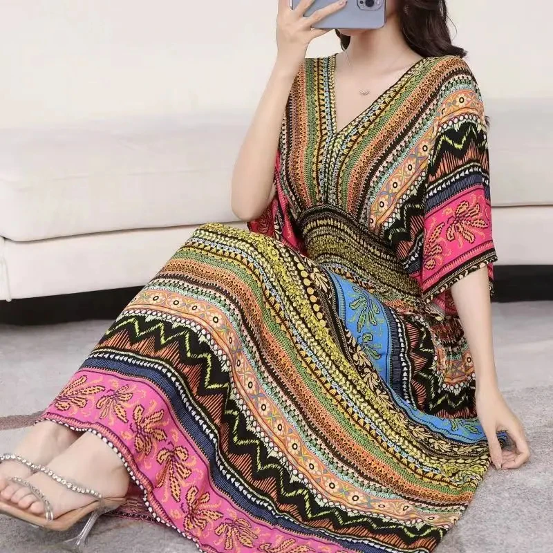 Casual Elegant Retro Bohemian National Style V-neck Elastic Waist Large Swing Printed Summer Long Skirt Woman Dress Clothes - Image 23