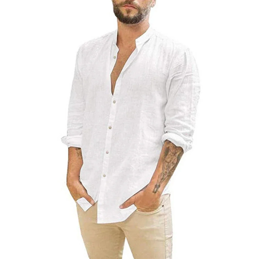 Cotton Linen Hot Sale Men's Long-Sleeved Shirts Summer Solid Color Stand-Up Collar Casual Beach Style Plus Size - Image 3