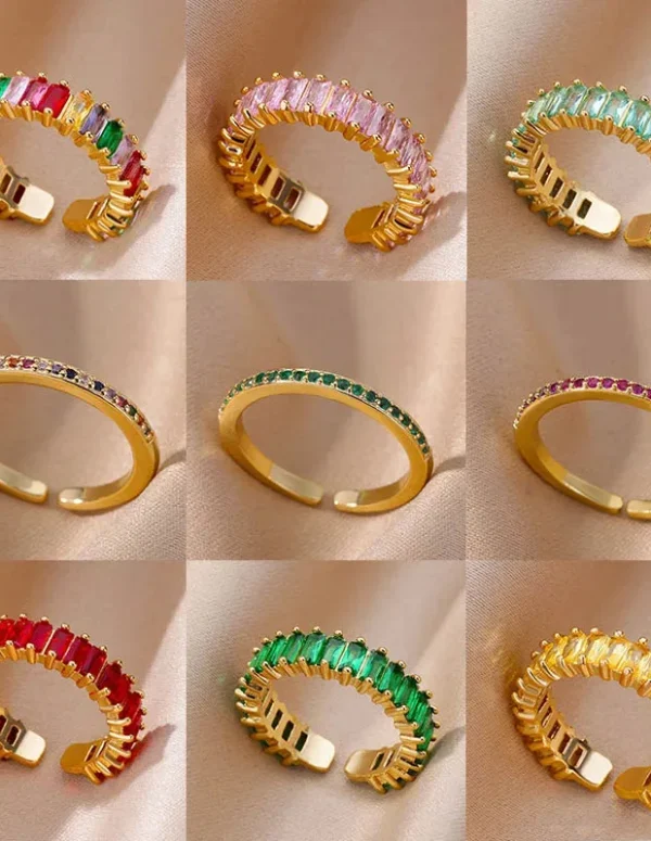 Mini Zircon Green Rings For Women Stainless Steel Gold Color Adjustable Finger Ring Engagement Wedding Christmas Jewelry Gift
