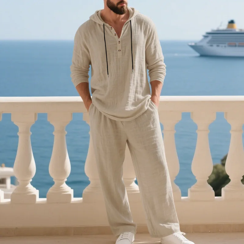 Men's Linen Casual Set 2 Pieces Spring Summer Loose Fit Hooded Henley Shirt & Pants Set Breathable Outdoor Vacation Style - Image 11