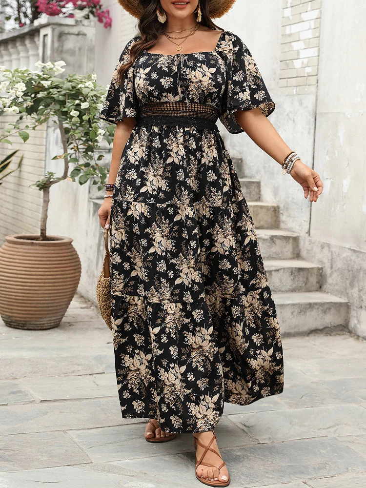 GIBSIE Plus Size Square Neck Floral Print Maxi Dress Women Summer 2025 Knot Front Hollow Out Boho Vacation Big Swing Dresses - Image 3