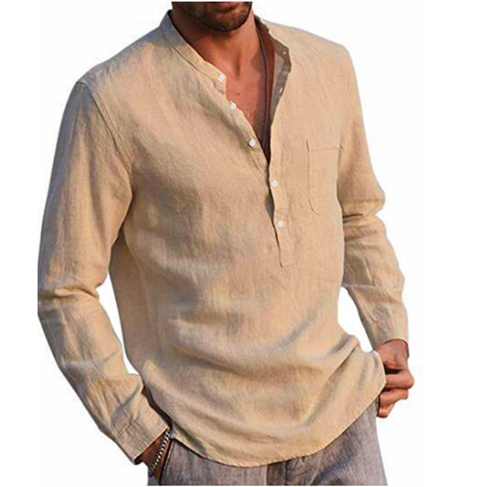 Cotton Linen Hot Sale Men's Long-Sleeved Shirts Summer Solid Color Stand-Up Collar Casual Beach Style Plus Size - Image 30