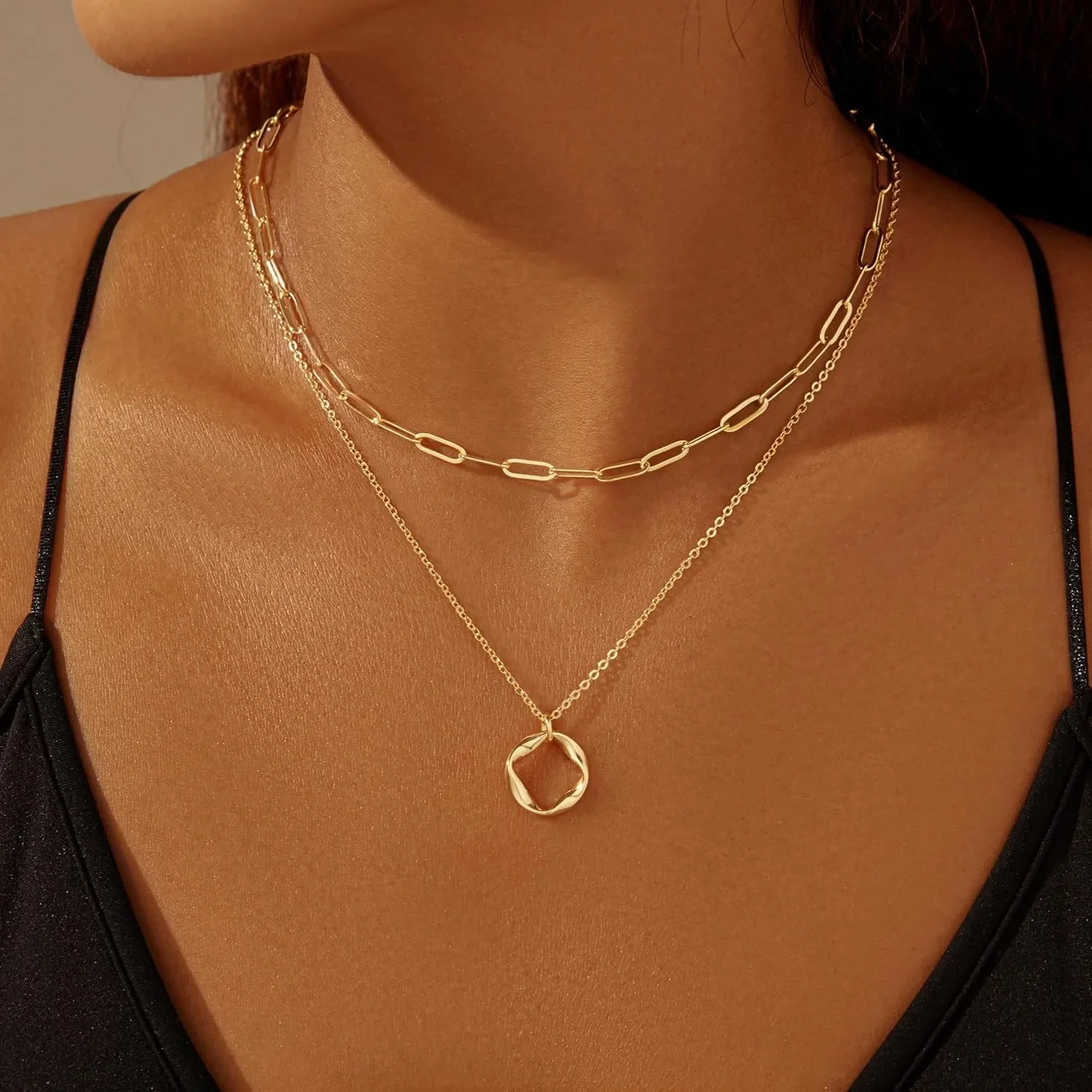 Layered 14k Gold Plated Necklaces for Women Stackable Silver Plated Circle Paperclip Chain Pendant Choker Necklace Set For Woman - Image 15