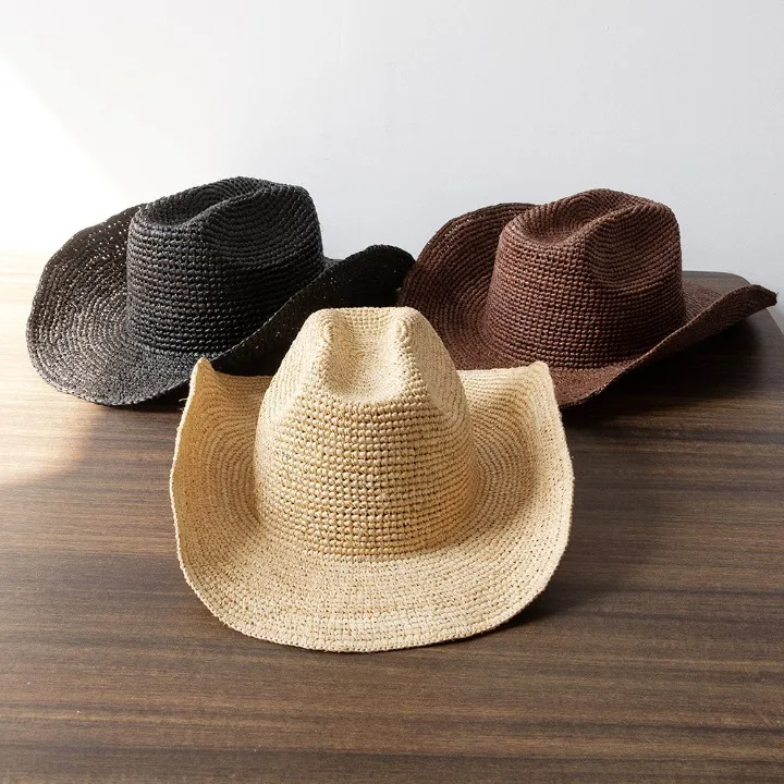 Ins Hand-crocheted Natural Raffia Straw Sun Hats Cowboy Hat for Women Men Summer Wide Brim Panama Outdoor Breathable Beach Caps - Image 12