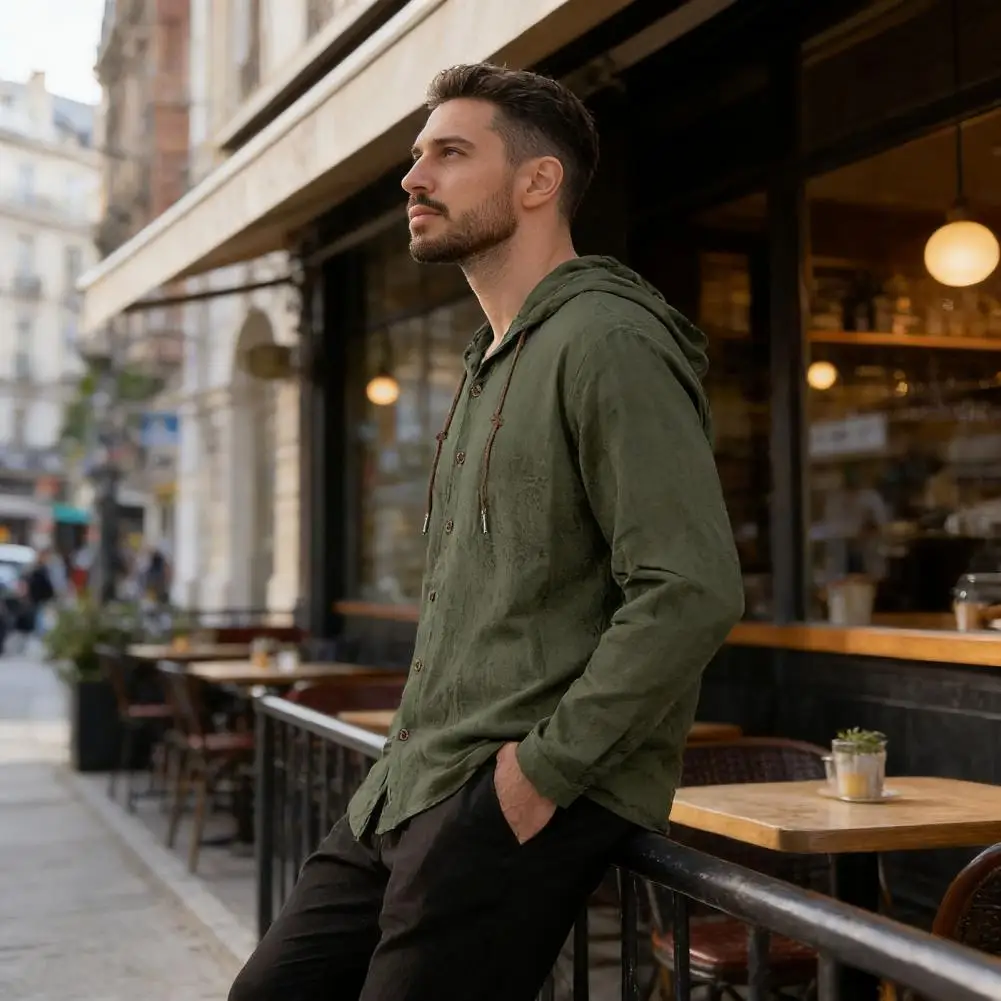 Men's Fashion Casual Shirt, Hooded Drawstring Cotton And Linen Cardigan, Trendy And Versatile Loose Beach T-shirt - Image 2