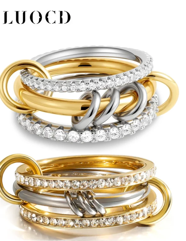 New Stainless Steel Cubic Zirconia Stackable Rings for Women 18k GoldPlating Multi-Link Connected Statement Ring Stack Jewelry