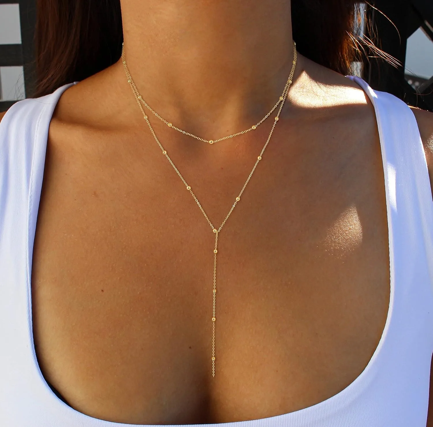 Gold Necklace for Women 14k Gold Plated/Silver Y-Shaped Pendant Necklace Layered Beaded Chain Drop Necklaces For Women Gift - Image 4