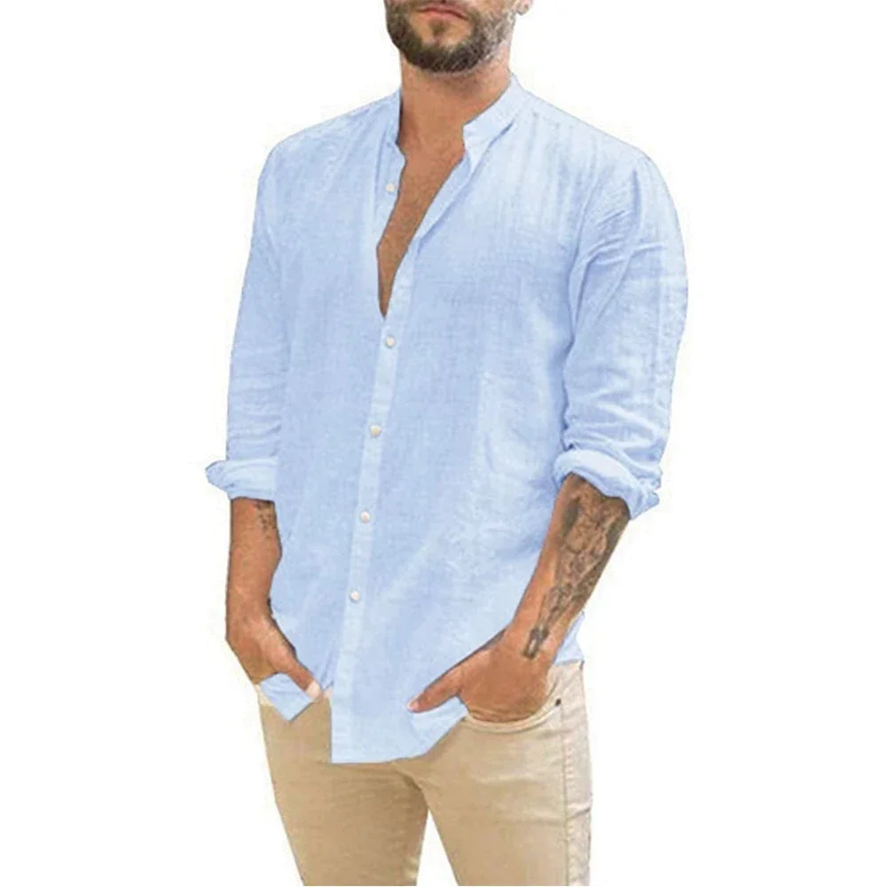 Cotton Linen Hot Sale Men's Long-Sleeved Shirts Summer Solid Color Stand-Up Collar Casual Beach Style Plus Size - Image 4