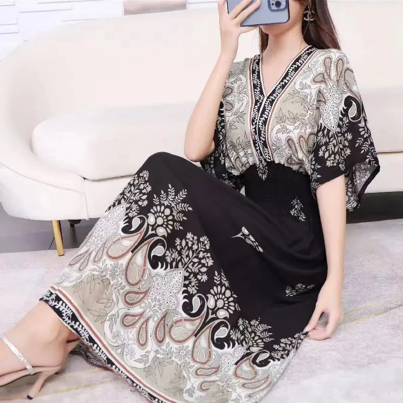 Casual Elegant Retro Bohemian National Style V-neck Elastic Waist Large Swing Printed Summer Long Skirt Woman Dress Clothes - Image 8