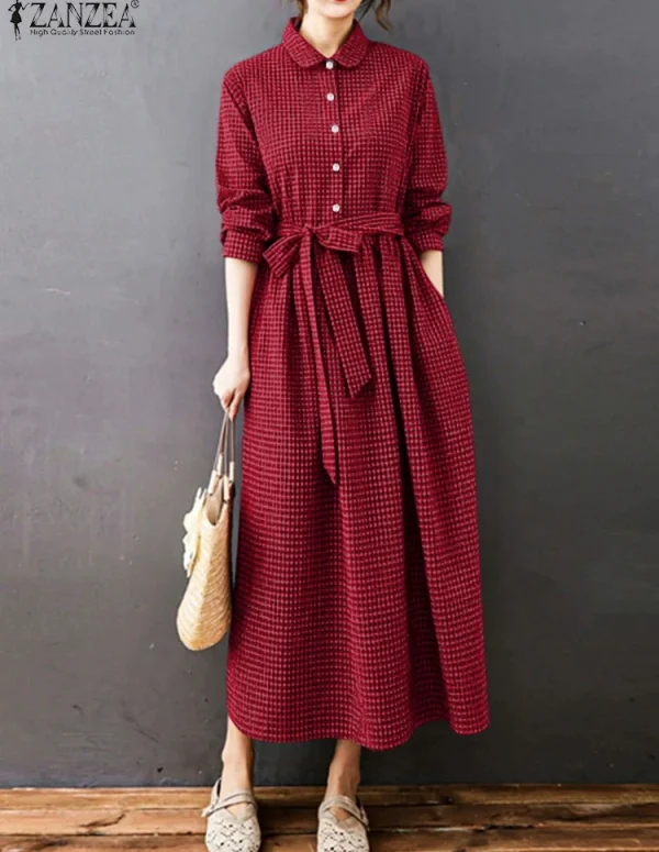ZANZEA Autumn Plaid Checked Dress Women 2025 Elegant Lapel Neck Long Sleeve Dresses Belted Robe Femme Casual Buttons Up Sundress
