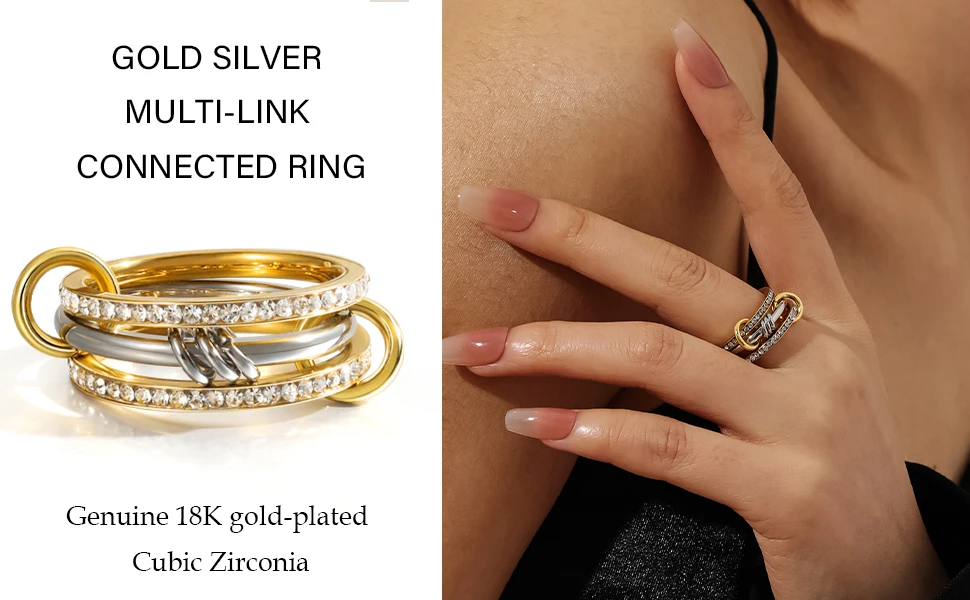 New Stainless Steel Cubic Zirconia Stackable Rings for Women 18k GoldPlating Multi-Link Connected Statement Ring Stack Jewelry - Image 14