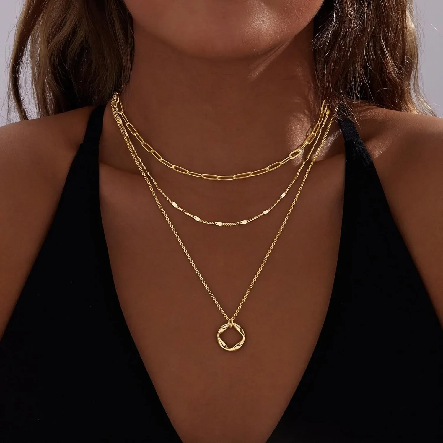 Layered 14k Gold Plated Necklaces for Women Stackable Silver Plated Circle Paperclip Chain Pendant Choker Necklace Set For Woman - Image 14