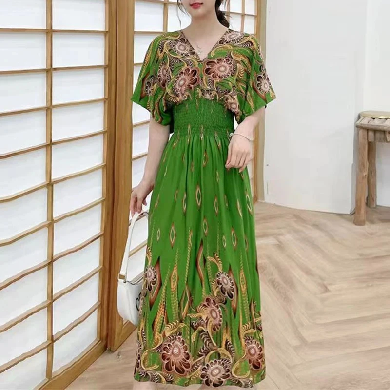 Casual Elegant Retro Bohemian National Style V-neck Elastic Waist Large Swing Printed Summer Long Skirt Woman Dress Clothes - Image 30