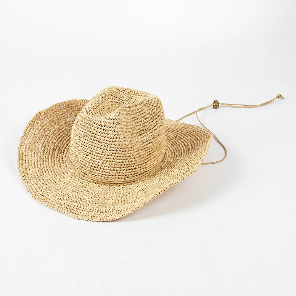 Ins Hand-crocheted Natural Raffia Straw Sun Hats Cowboy Hat for Women Men Summer Wide Brim Panama Outdoor Breathable Beach Caps - Image 7