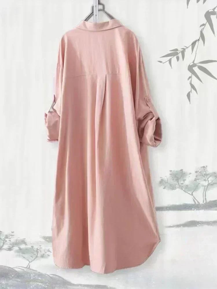 Plus Size Women Simple Long Sleeve Blouse Chic Korean Style Loose Fit Breathable Shirt Casual Autumn Solid Color Midi Tunic Tops - Image 5