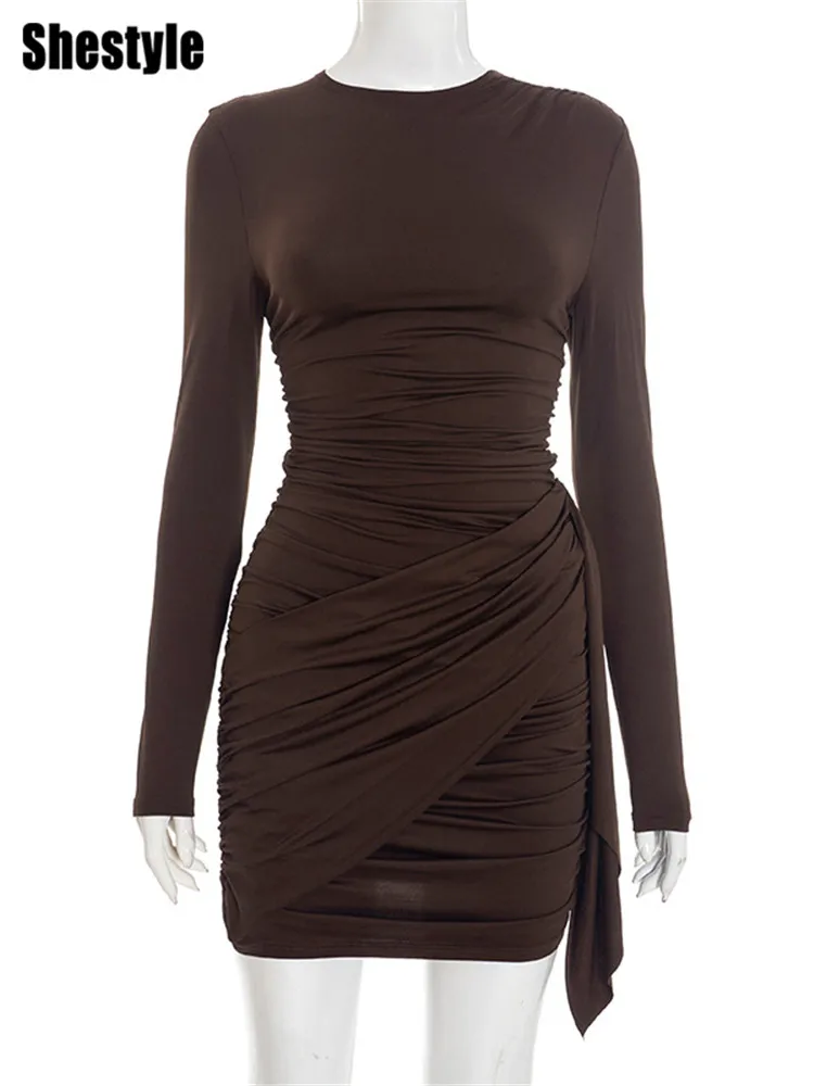 Shestyle Crew Neck Solid Slim Sheath Dress Women Long Sleeve Overlap Burgundy Elegant Casual Bodycon Outfits Office Lady 2026 - Image 6