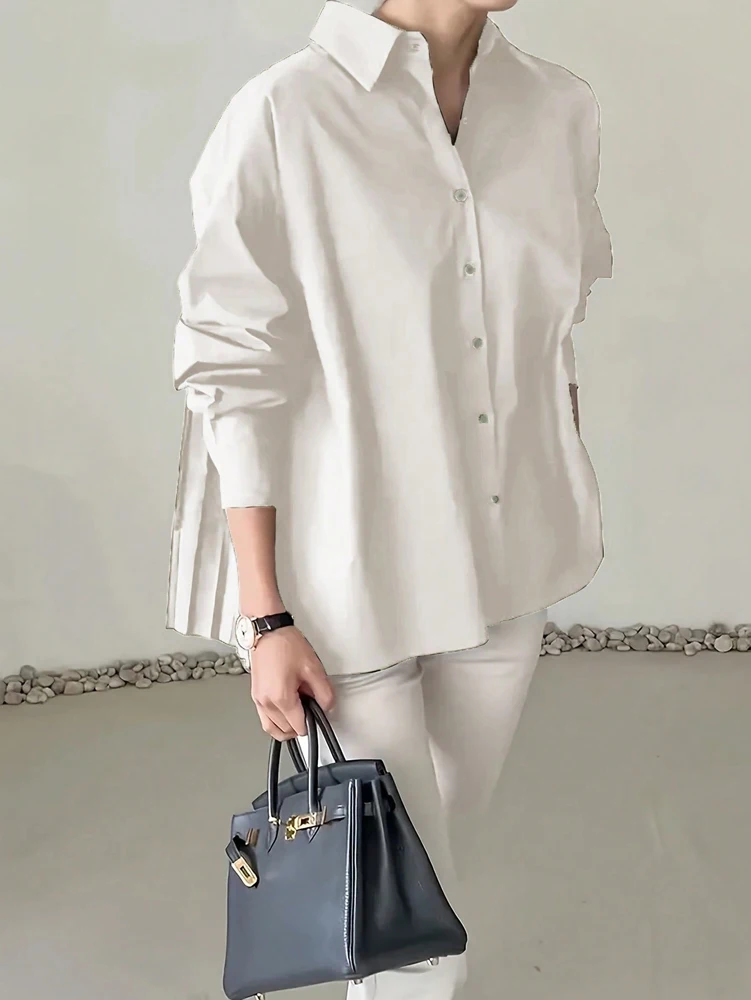 Plus Size 2025 Spring and Summer New Women's POLO Collar Pleated Casual Single Row Button Shirt Blouse Solid Color - Image 18