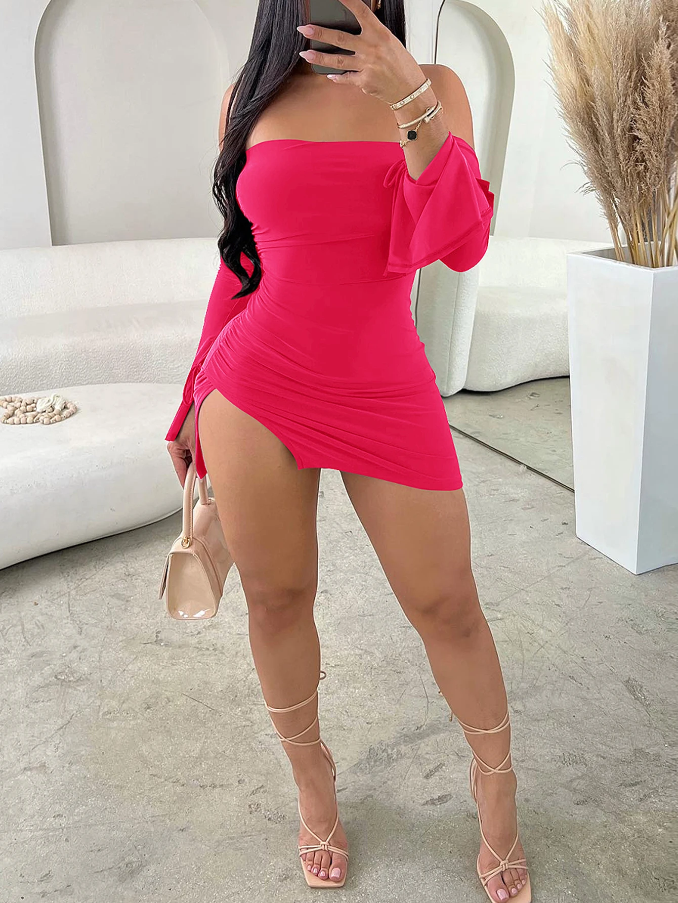 Women Strapless Backless Mini Dress For Women Black Off-shoulder Long Sleeve Bodycon Club Party Dress Clothes - Image 5