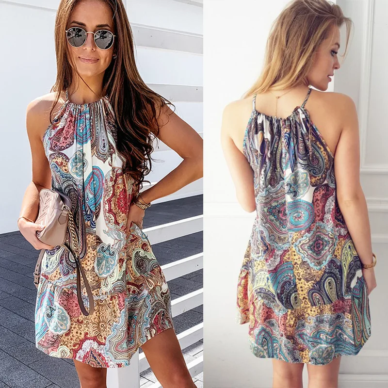 2025 Summer New Bohemian Print Hanging Neck Dress Sleeveless Holiday Beach Split Long Dress - Image 10