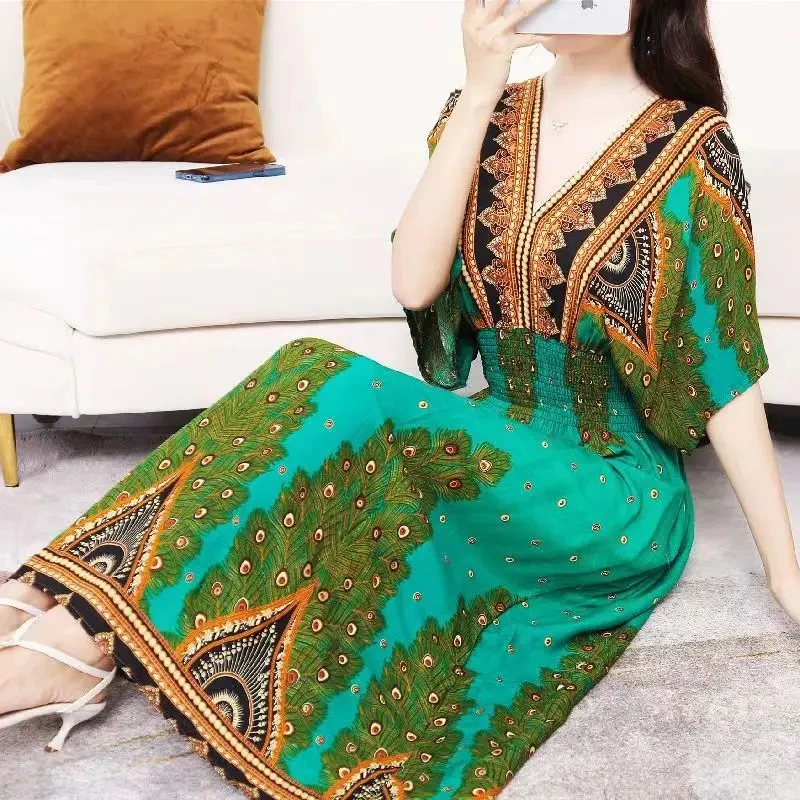 Casual Elegant Retro Bohemian National Style V-neck Elastic Waist Large Swing Printed Summer Long Skirt Woman Dress Clothes - Image 57