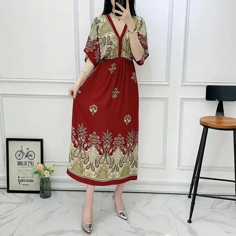 Casual Elegant Retro Bohemian National Style V-neck Elastic Waist Large Swing Printed Summer Long Skirt Woman Dress Clothes - Image 4
