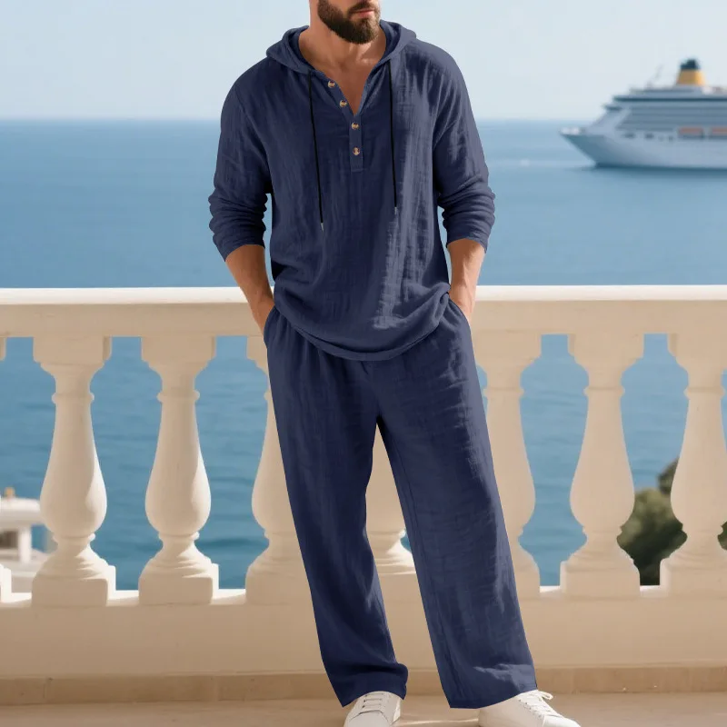 Men's Linen Casual Set 2 Pieces Spring Summer Loose Fit Hooded Henley Shirt & Pants Set Breathable Outdoor Vacation Style - Image 8