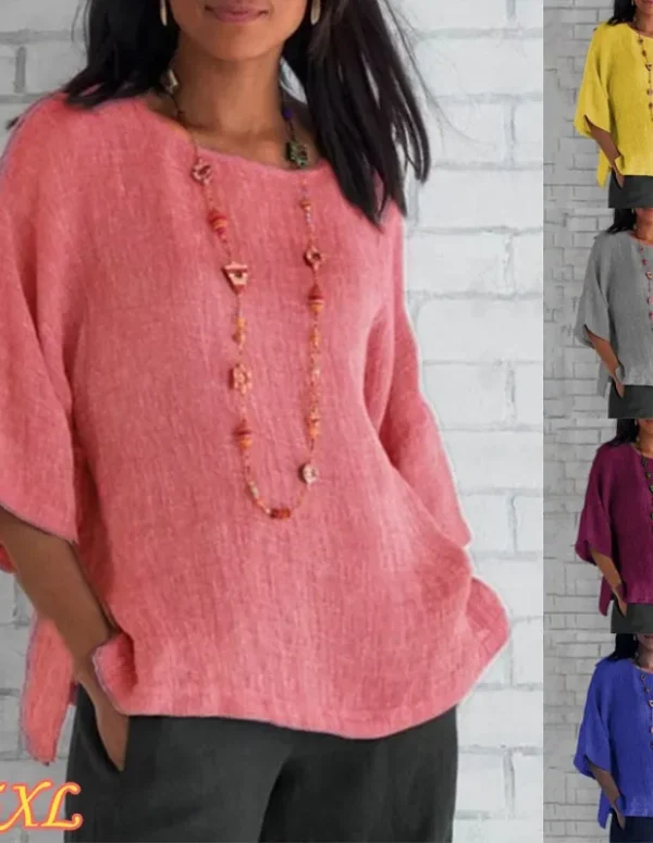 Cotton Blouse Shirts Summer O-Neck Three Quarter Loose Casual Blouse Tops Summer Cothes For Women Streetwear