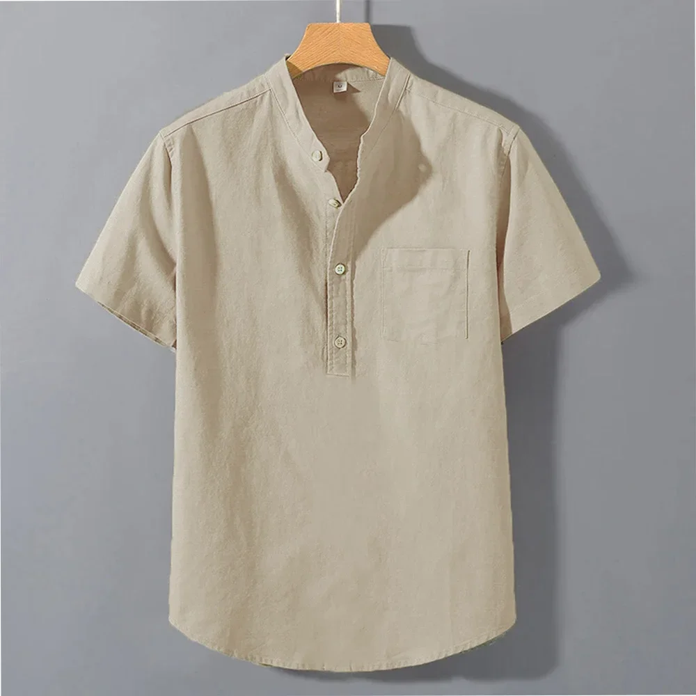 Men's Summer Solid Colour Short Sleeve Shirt Pocket Design Daily Casual Comfortable Breathable Cotton Linen Shirt Top - Image 9