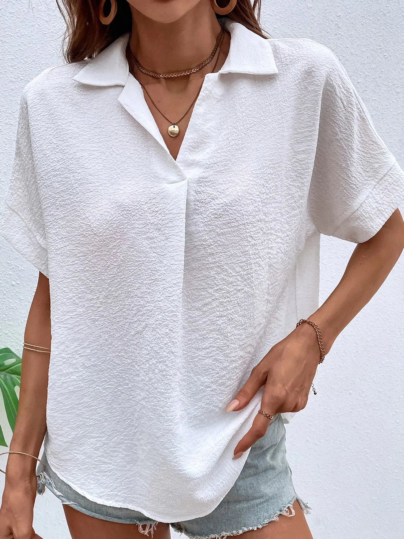 Ladies Solid Color Lapel Neck Blouse Casual Batwing Sleeve Blouse Women Tops Shirts - Image 6