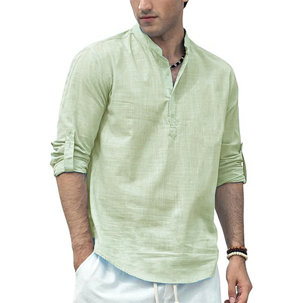 Men's Cotton Linen Long Sleeve Polo Shirt Lightweight Henley Neck Hawaiian Beach Style Solid Color Tops Vacation T-shirt - Image 3