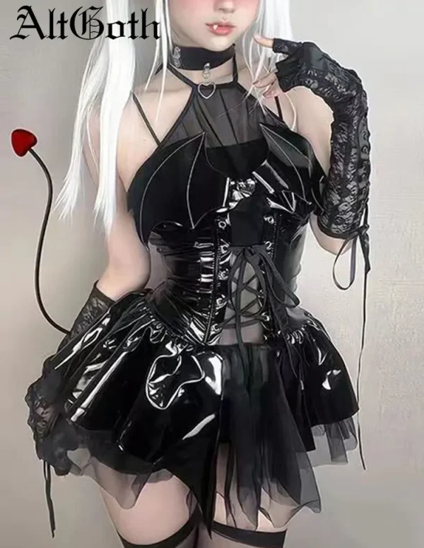 AltGoth Sexy Cosplay Pu Dress Women Harajuku Streetwear Grunge Bandage Hollow Out Bats Dress Punk Y2k E-girl Mall Gothic Clothes