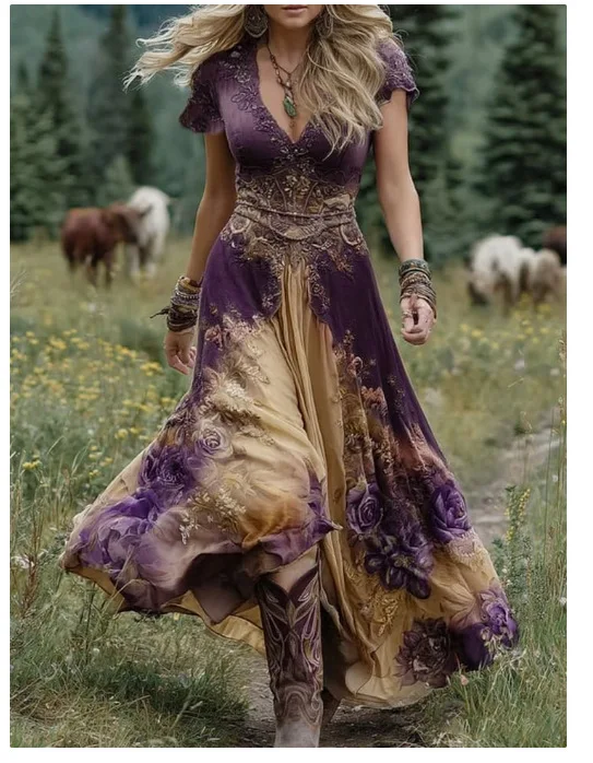 Sexy Retro Ethnic V Neck Long Dress Woman Elegant Boho Print A-Line Spliced Maxi Dress Summer Short Sleeve Holiday Evening Dress - Image 12