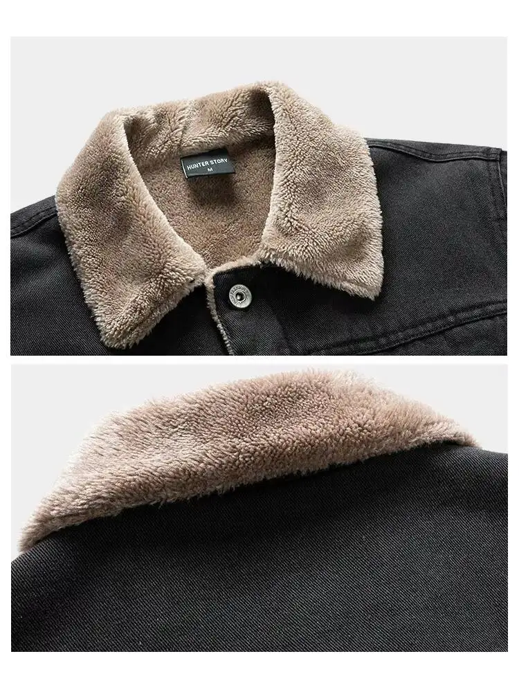 Denim Autumn Winter Pocket Single-Breasted Solid Color Velvet Thickened Lapel Washed Cotton Fashion Men's Jacket - Image 11