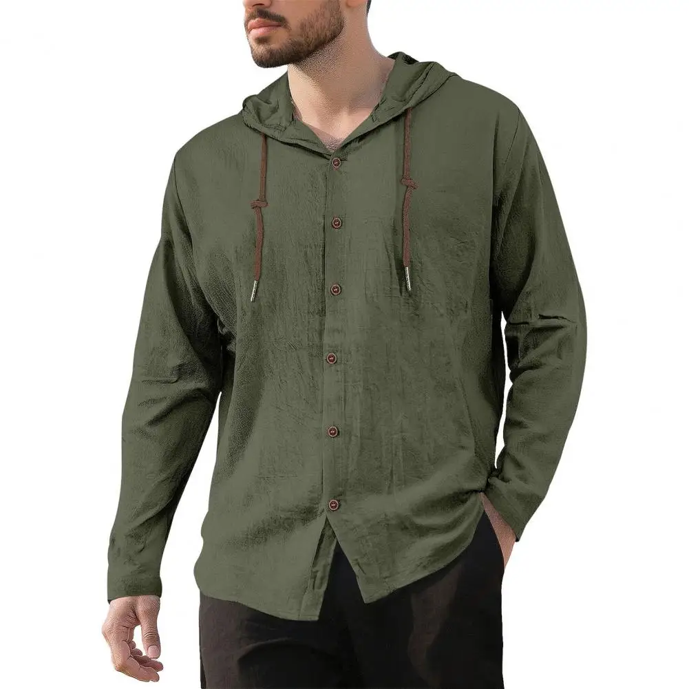 Men's Fashion Casual Shirt, Hooded Drawstring Cotton And Linen Cardigan, Trendy And Versatile Loose Beach T-shirt - Image 8