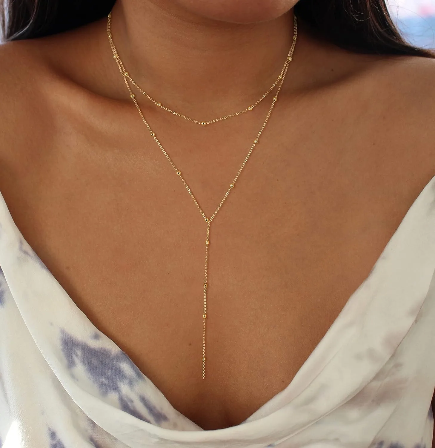 Gold Necklace for Women 14k Gold Plated/Silver Y-Shaped Pendant Necklace Layered Beaded Chain Drop Necklaces For Women Gift - Image 3