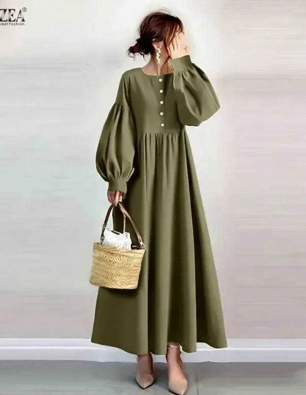 ZANZEA Women's Casual Long Dresses O-Neck Lantern Sleeves Half-Button Solid A-Line Maxi Dress Summer Mori Girl Retro Robes Femme