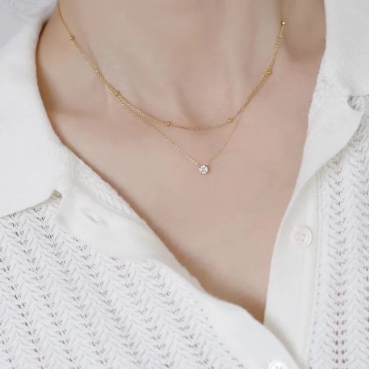 Stylish Shiny Zircon Double Layer Staniless Steel Waterproof Gold Plated Choker Necklace Stacked Fashion Jewelry Gift for Women - Image 9