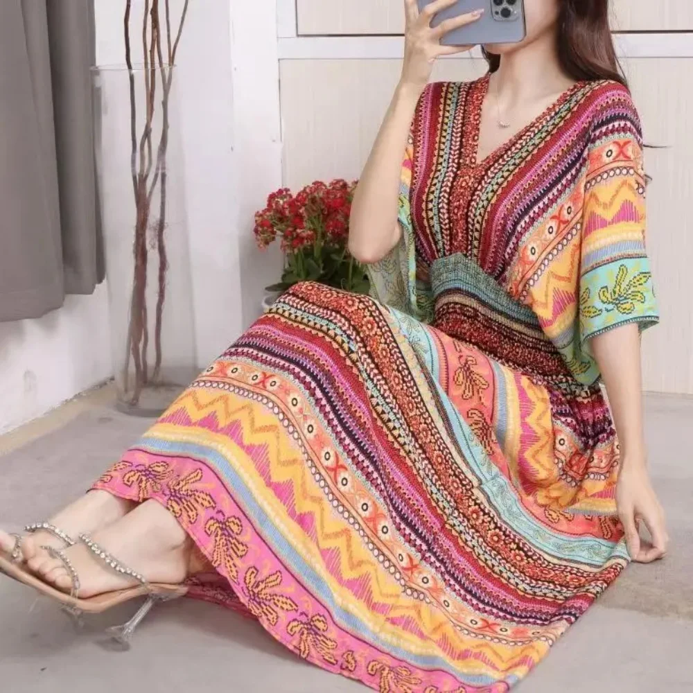 Casual Elegant Retro Bohemian National Style V-neck Elastic Waist Large Swing Printed Summer Long Skirt Woman Dress Clothes - Image 21