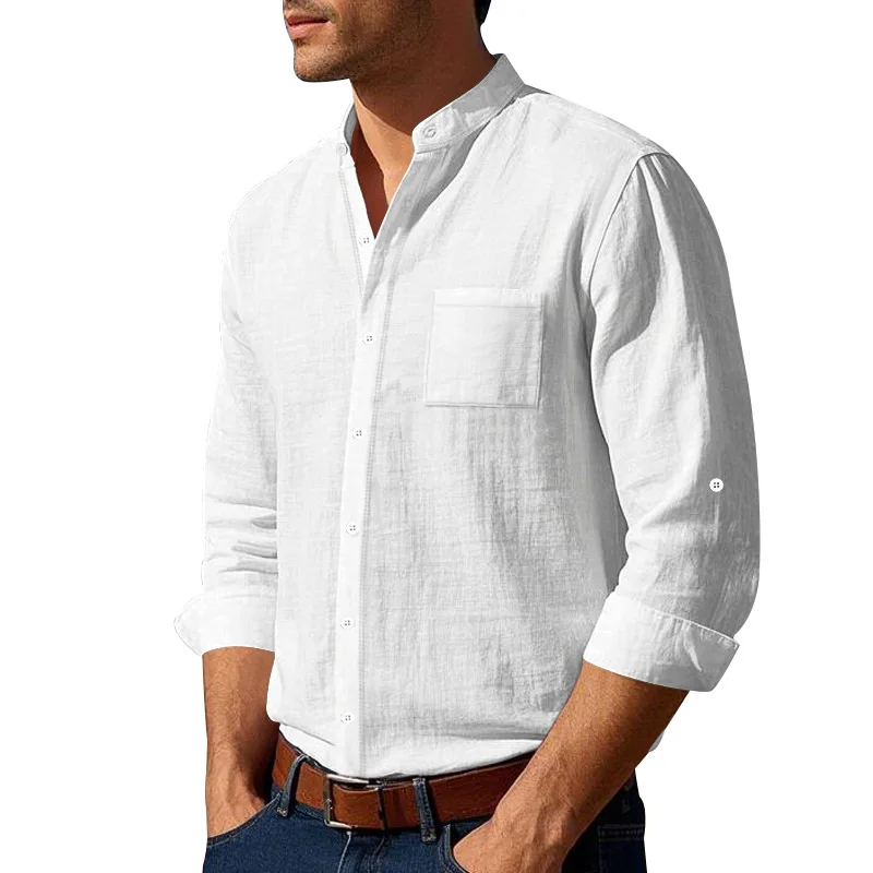 Men's Linen Mandarin Collar Shirt - Breathable Wrinkle-Free New Chinese Style with Pocket (Beige/Black/White, S-XXXL) Wholesale - Image 29