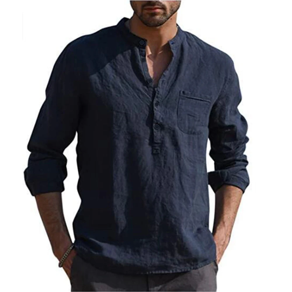 Cotton Linen Hot Sale Men's Long-Sleeved Shirts Summer Solid Color Stand-Up Collar Casual Beach Style Plus Size - Image 4
