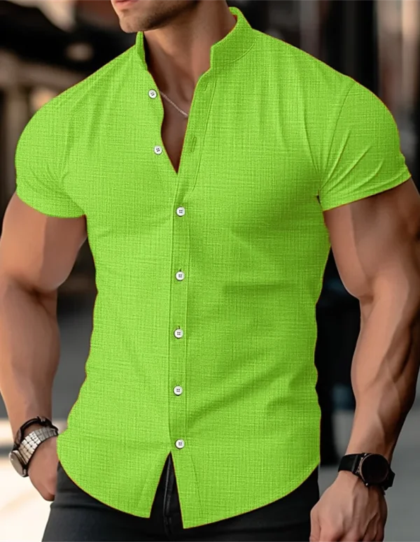 Men's stand up collar printed shirt solid color short sleeved button linen shirt Hawaii vacation beach breathable shirt