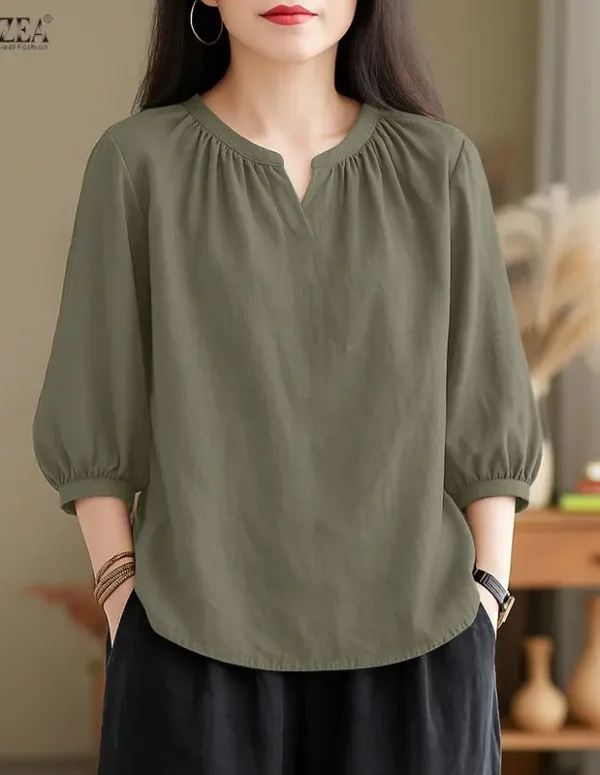 ZANZEA Fashion Women 3/4 Sleeve Blouse Autumn V Neck Solid Shirt Spring Office Blouses Casual Loose Tops Mujer Female Chemise