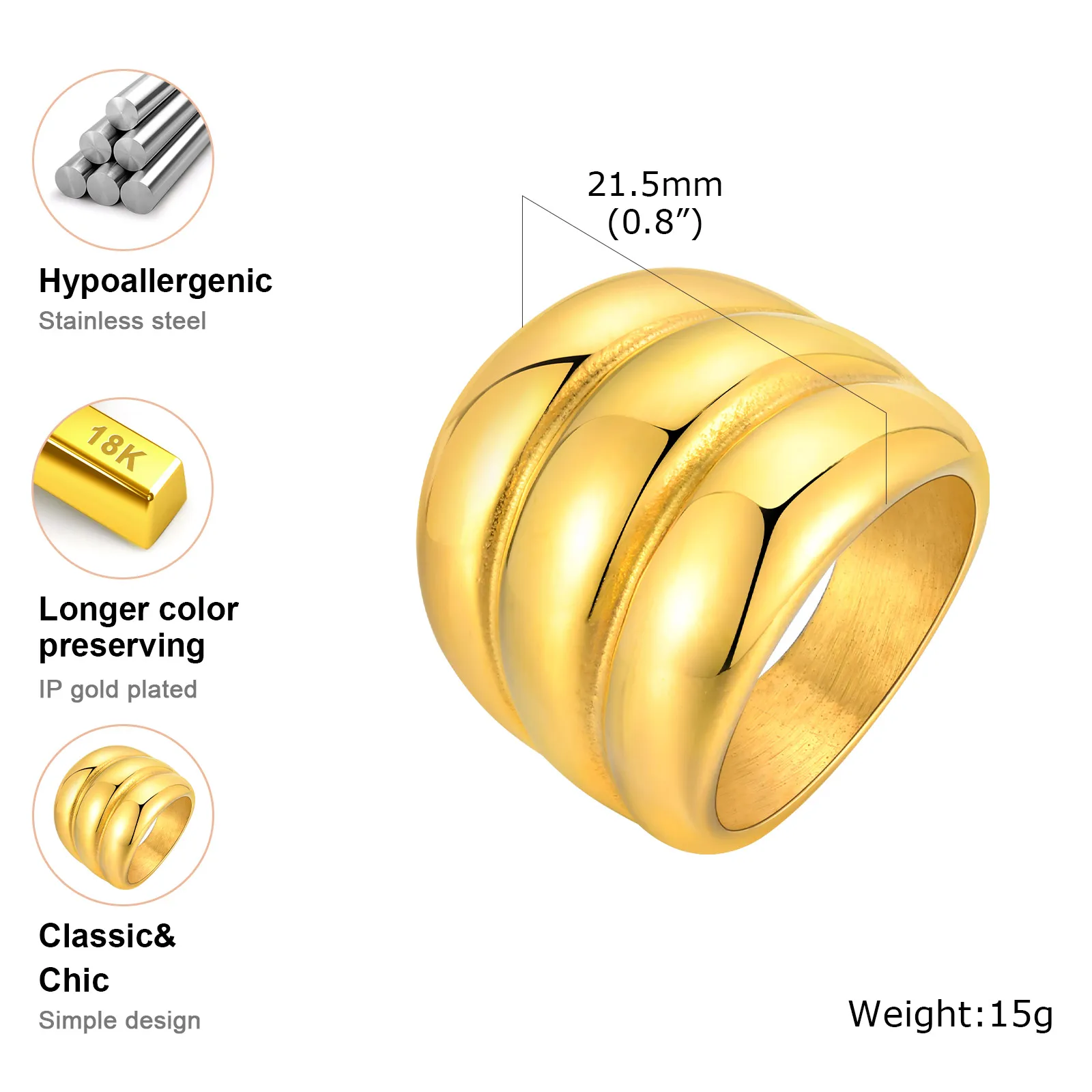 Multilayer Chunky Ring Stainless Steel 18k Gold Plated, Chunky Minimalist Simple Rings Fashion Gift for Women - Image 8
